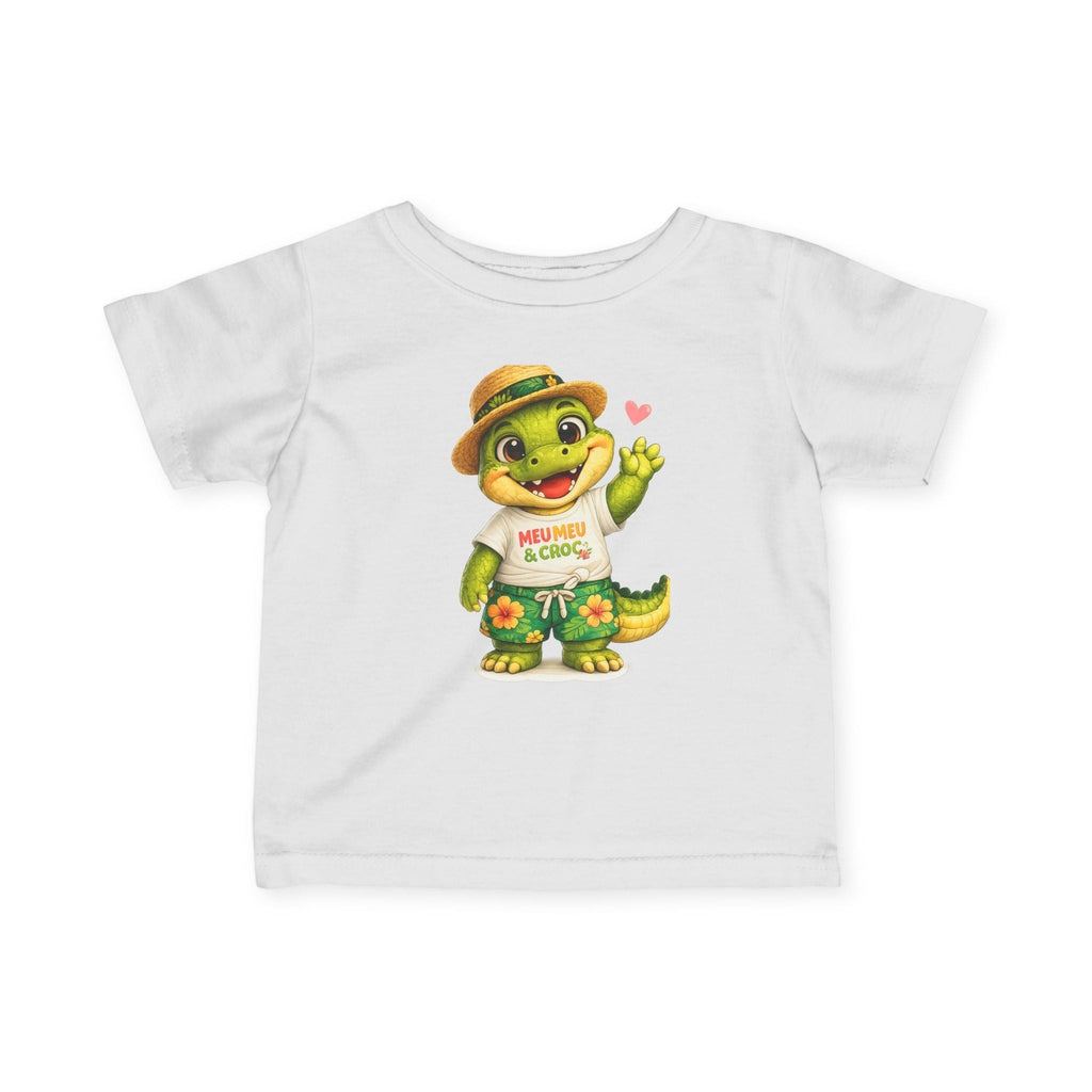 Meu Meu & Croc Tropical Store white cotton infant tee featuring a cute alligator in a Hawaiian shirt and straw hat.