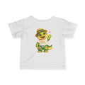 Meu Meu & Croc Tropical Store white cotton infant tee featuring a cute alligator in a Hawaiian shirt and straw hat.