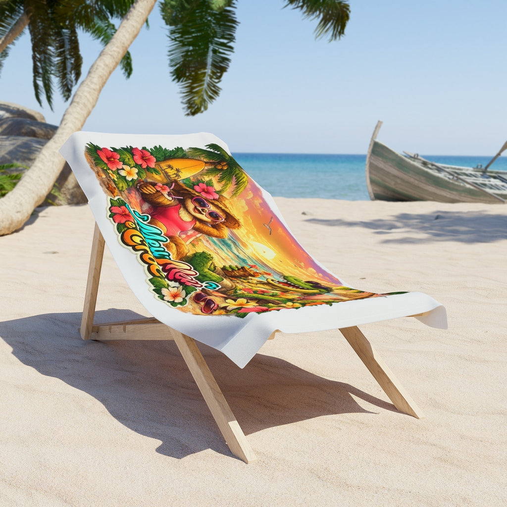 Meu Meu & Croc Tropical Store lounge chair towel with vibrant hibiscus and character print on a sunny beach.