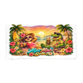 Meu Meu & Croc Tropical Store beach towel featuring a sloth and crocodile relaxing on a sunset beach with hibiscus.