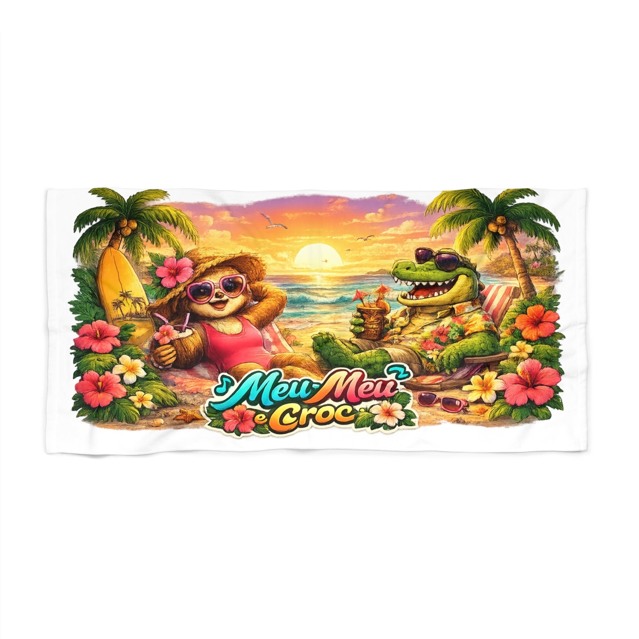 Meu Meu & Croc Tropical Store beach towel featuring a sloth and crocodile relaxing on a sunset beach with hibiscus.