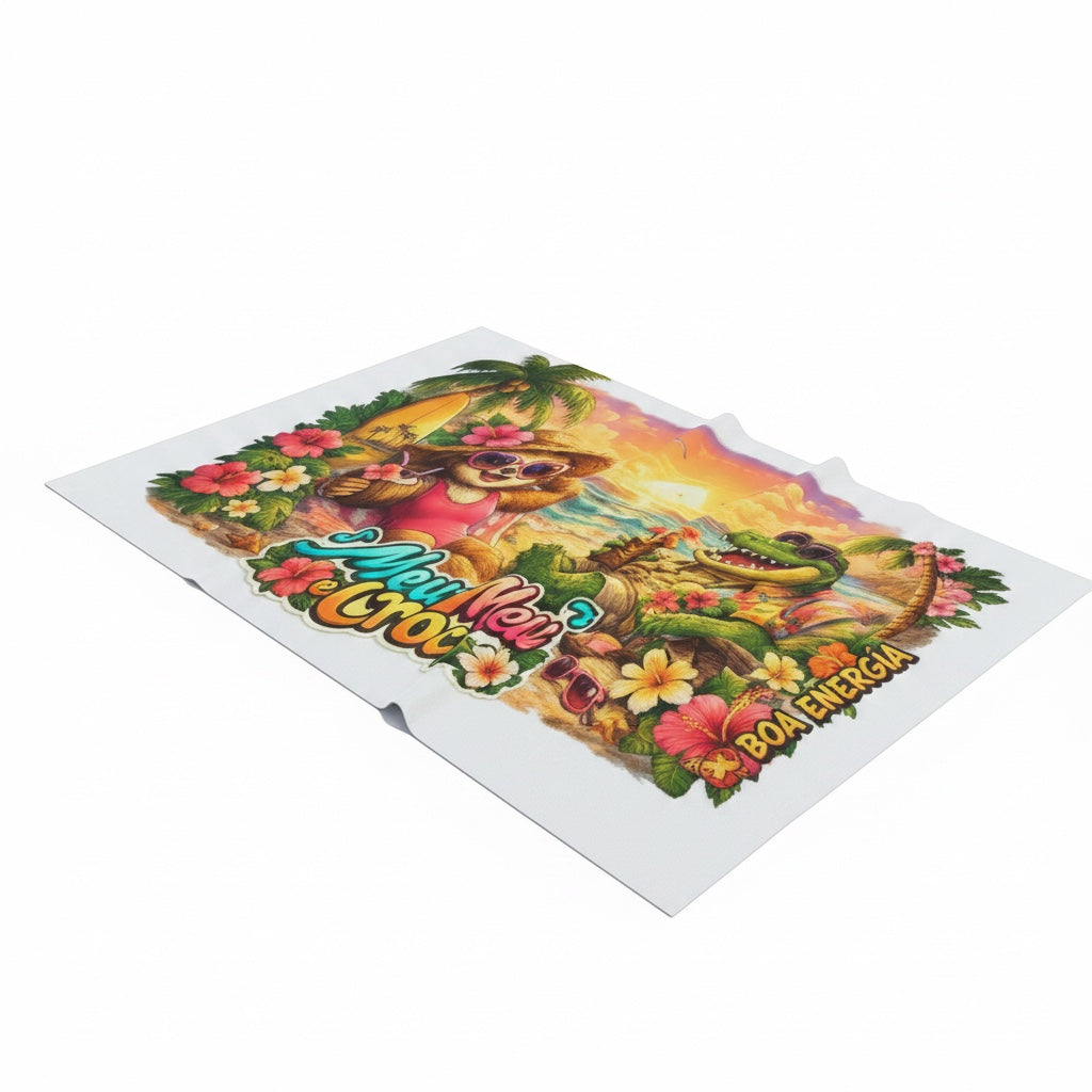 Meu Meu & Croc Tropical Store beach lounge chair towel with vibrant hibiscus, palm trees, and fun character print.