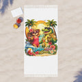 Meu Meu & Croc Tropical Store boho beach towel with retro island print, knotted tassels, and quick-dry polyester.