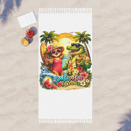 Meu Meu & Croc Tropical Store boho beach towel with retro island print, knotted tassels, and quick-dry polyester.