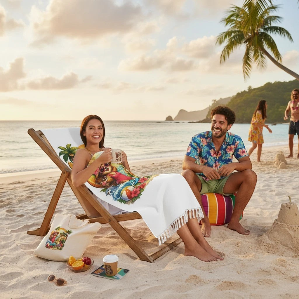 Woman relaxing on a beach chair with a Meu Meu & Croc Tropical Store boho beach towel featuring a retro island print.