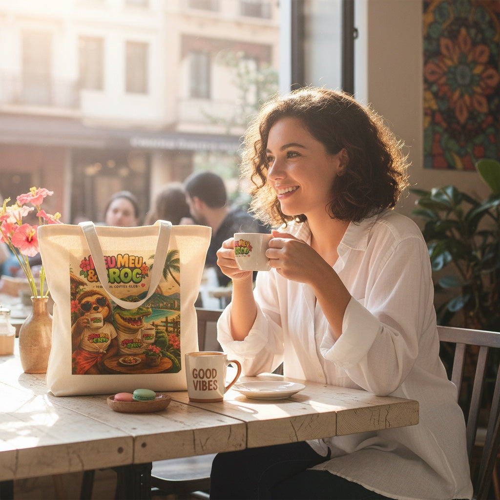 Woman smiling at a cafe table next to a Meu Meu & Croc Tropical Store cotton canvas tote with vintage beach print.