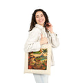 Woman wearing a Meu Meu & Croc Tropical Store natural cotton canvas tote with vintage tropical animal print.