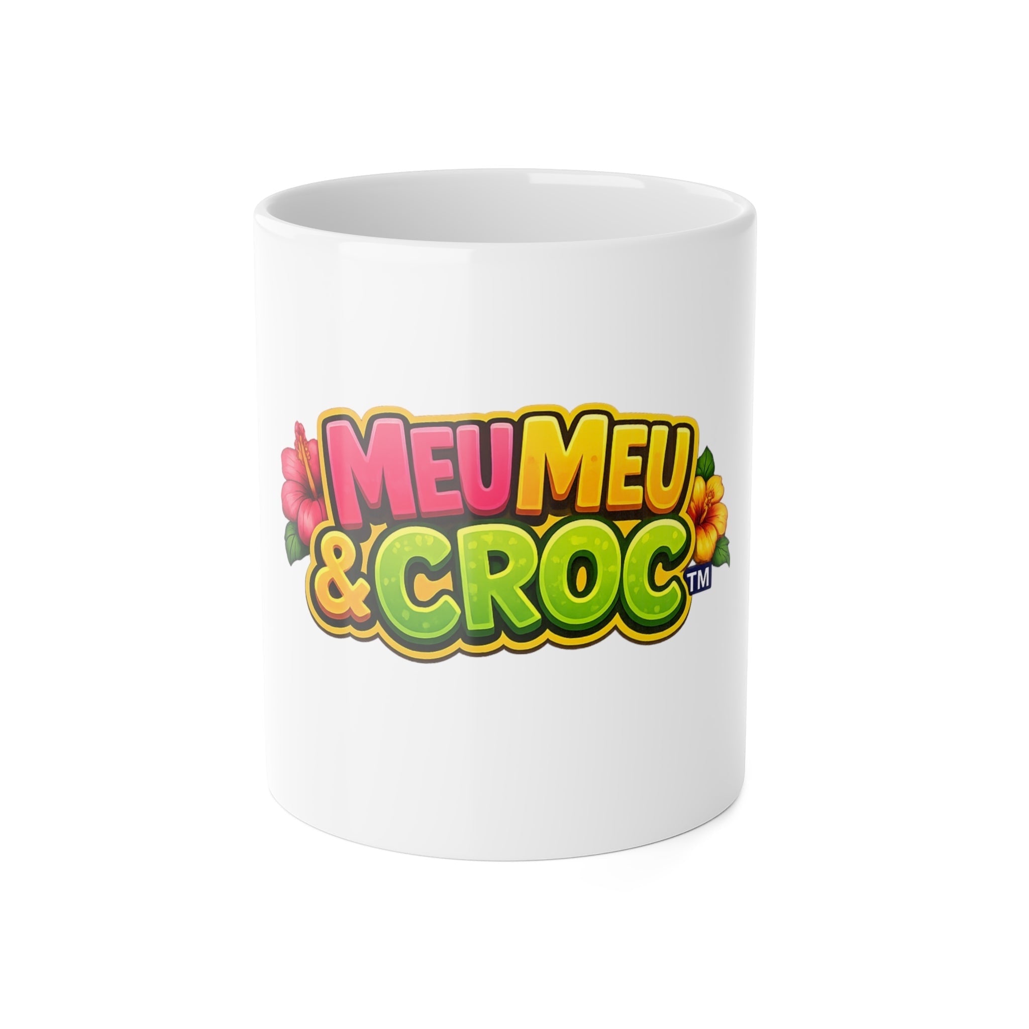 Meu Meu & Croc Tropical Store 11oz white ceramic mug with colorful logo and hibiscus flower accents.