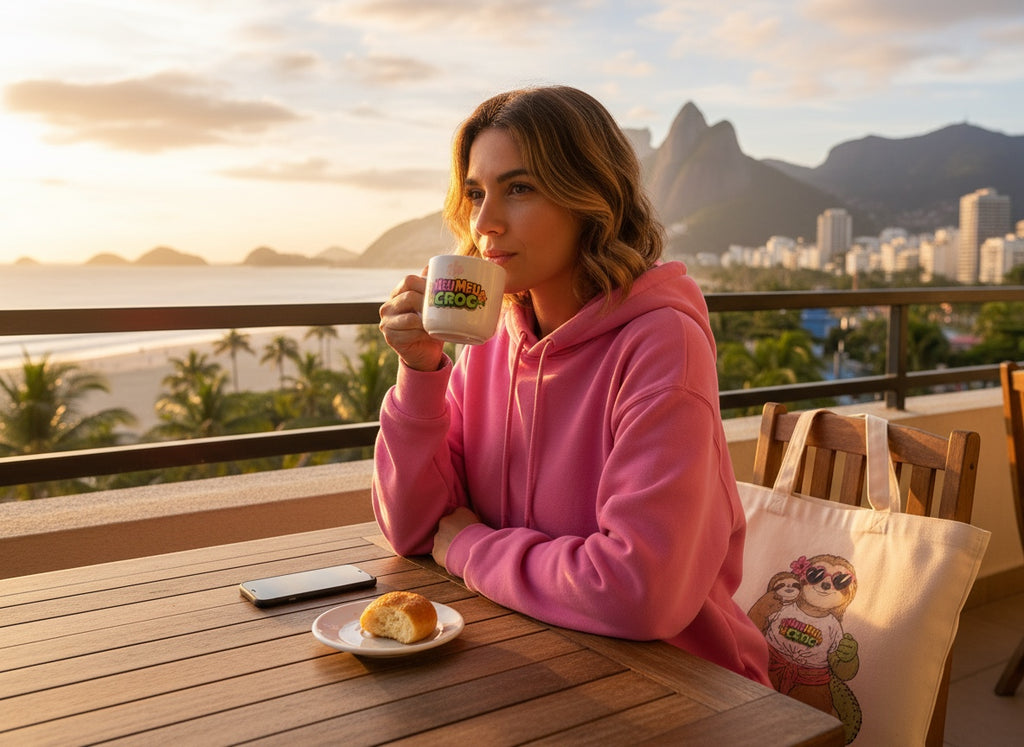 Woman in pink hoodie drinking from a Meu Meu & Croc Tropical Store ceramic mug on a balcony at sunset.