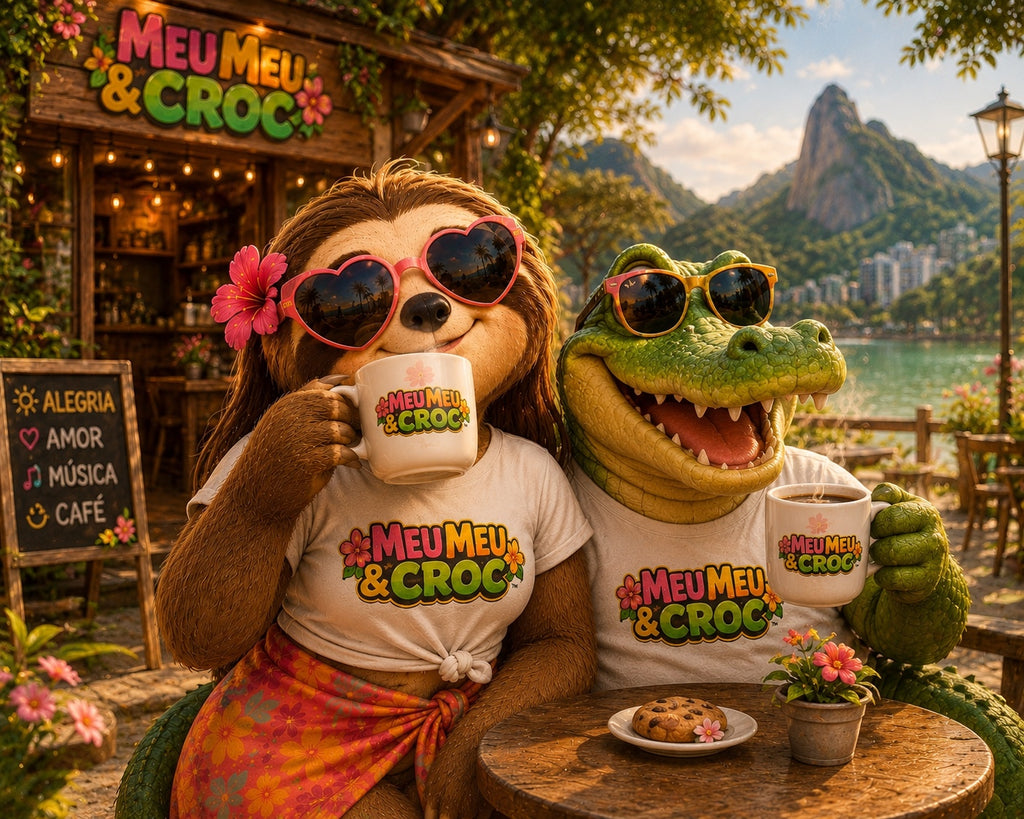 Meu Meu & Croc Tropical Store 11oz ceramic mug with colorful logo and hibiscus accents held by a sloth and alligator.