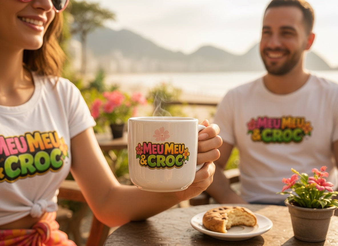 Meu Meu & Croc Tropical Store ceramic mug with colorful logo and hibiscus print held by a woman at a beach cafe.