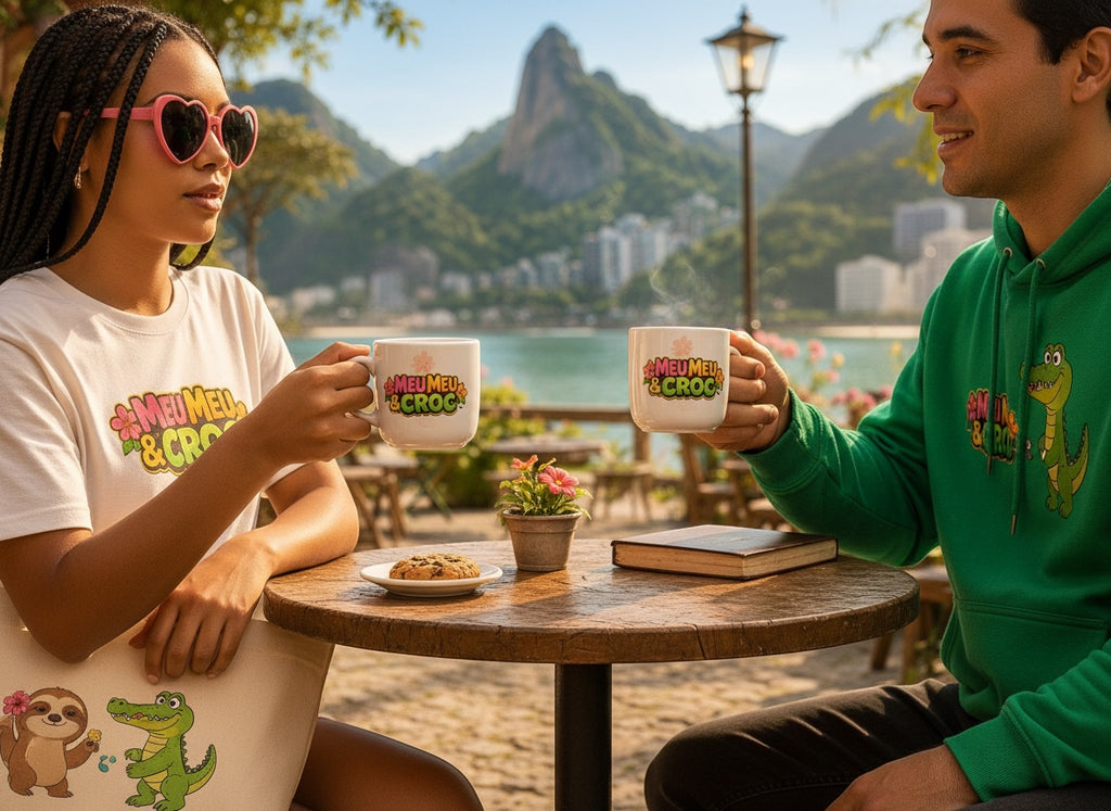 Two people holding Meu Meu & Croc Tropical Store ceramic mugs with colorful logo and hibiscus print at a cafe table.