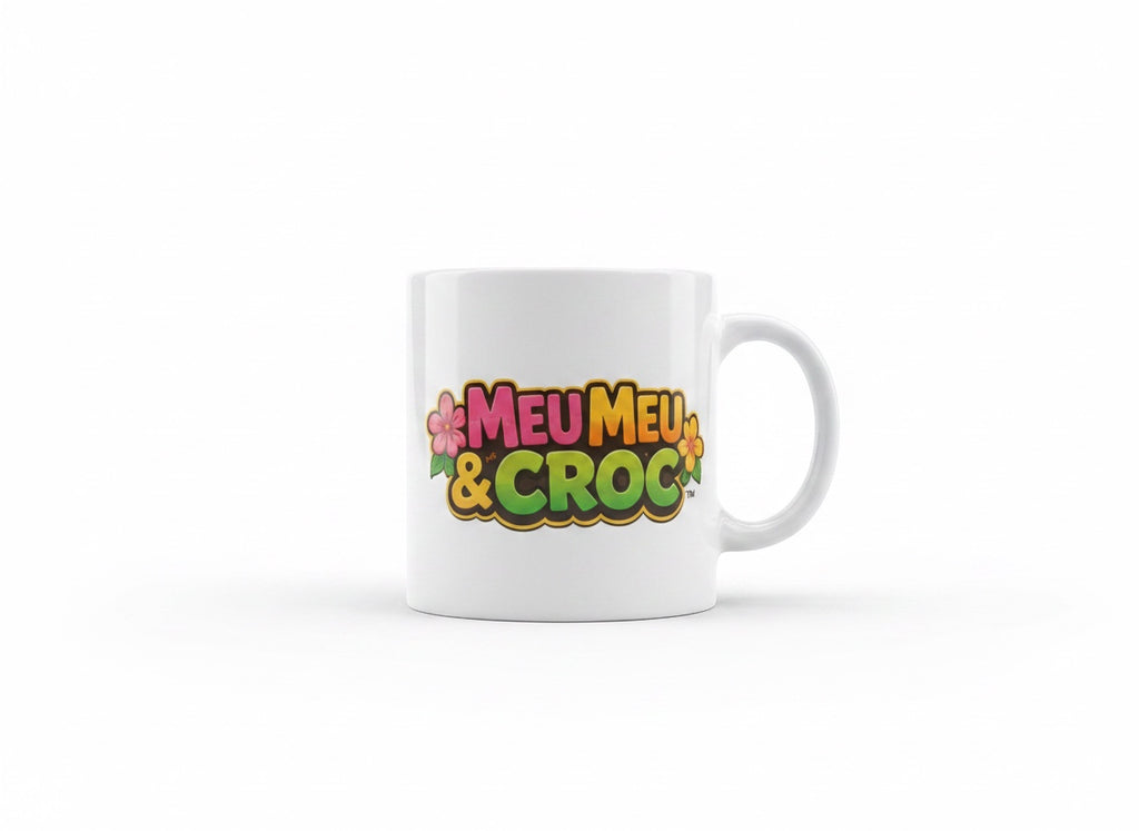 Meu Meu & Croc Tropical Store 11oz white ceramic mug with colorful logo and hibiscus flower accents.