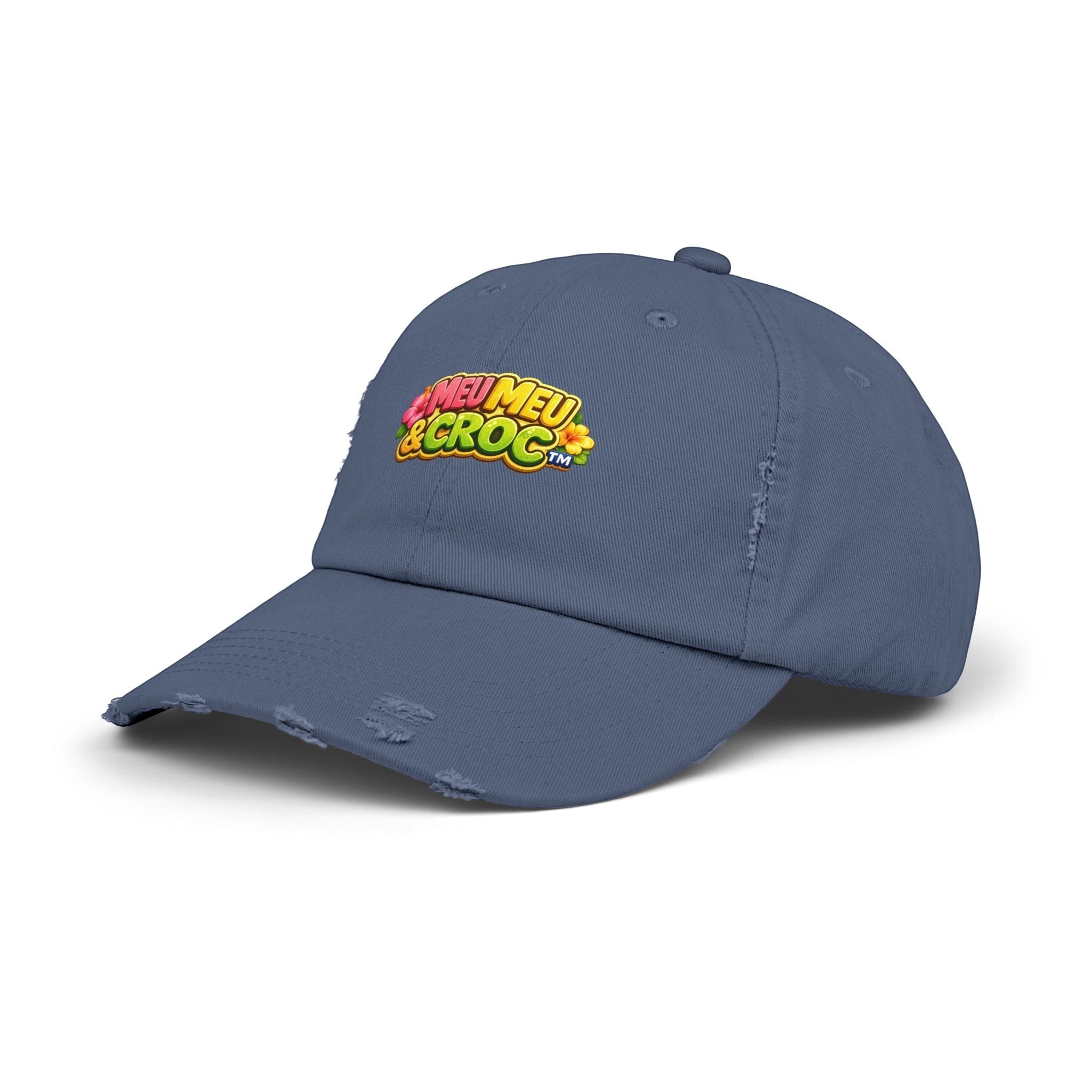 Blue Meu Meu & Croc Tropical Store distressed baseball cap with vintage-inspired worn brim and embroidered logo.