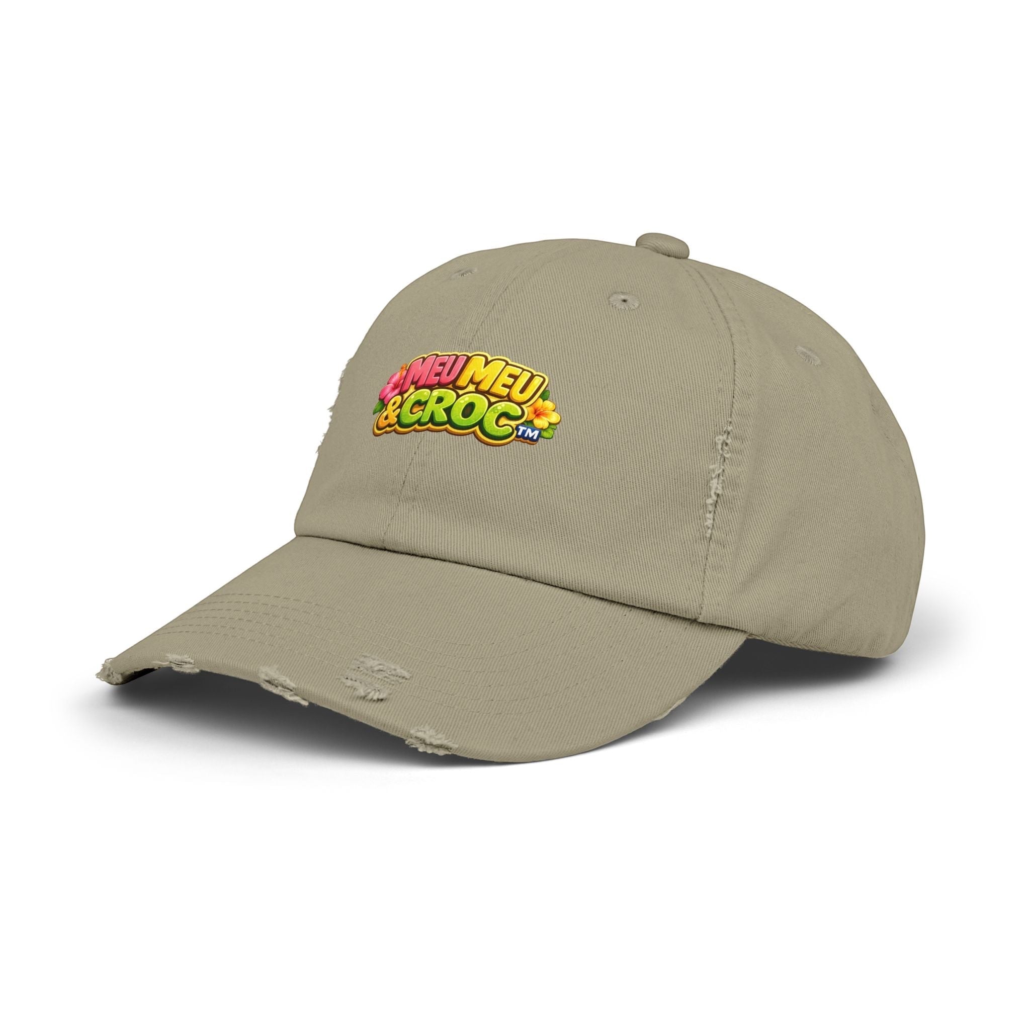 Meu Meu & Croc Tropical Store distressed khaki baseball cap with tropical logo embroidery and worn-in brim detail.