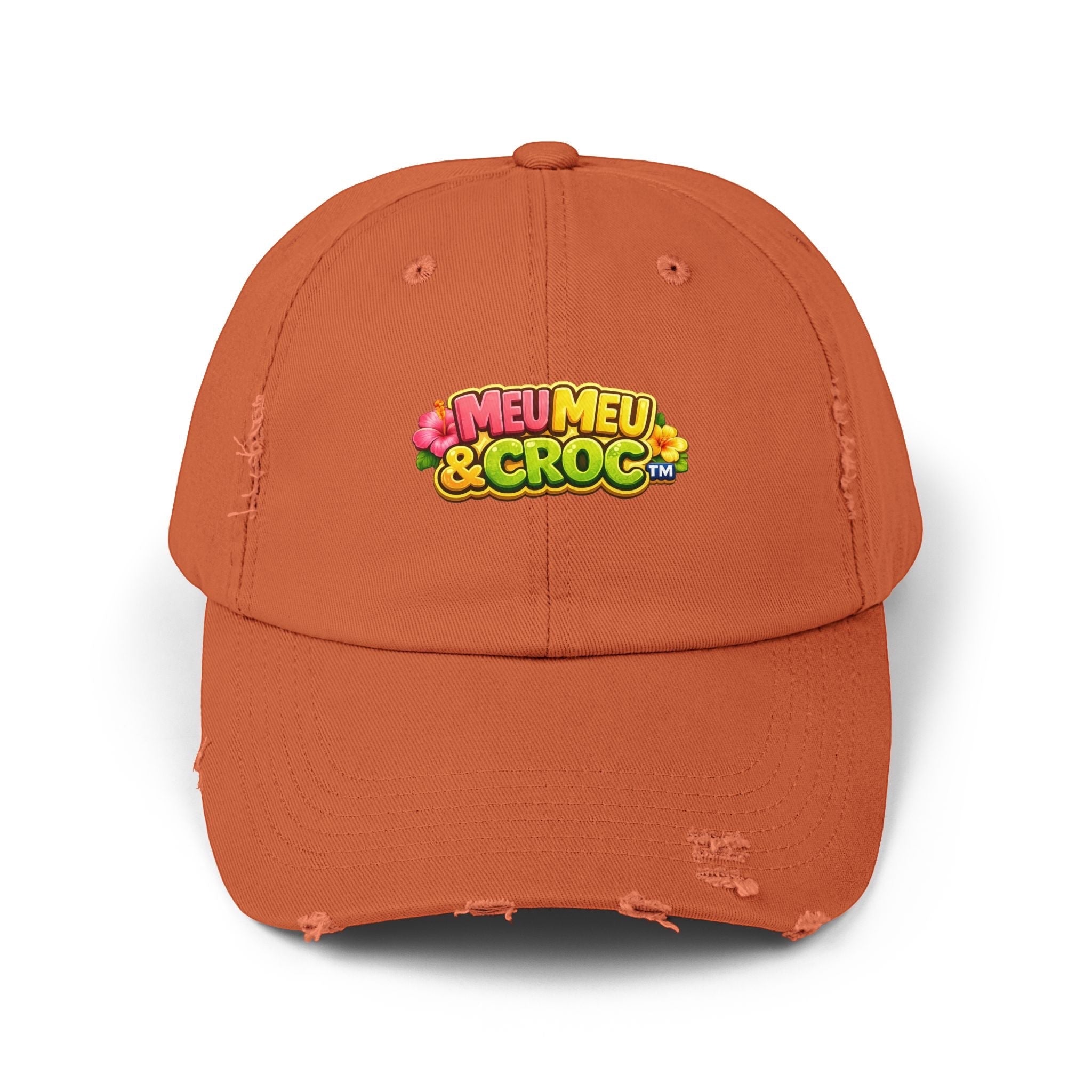 Meu Meu & Croc Tropical Store orange distressed baseball cap with vintage-inspired worn edges and colorful logo.