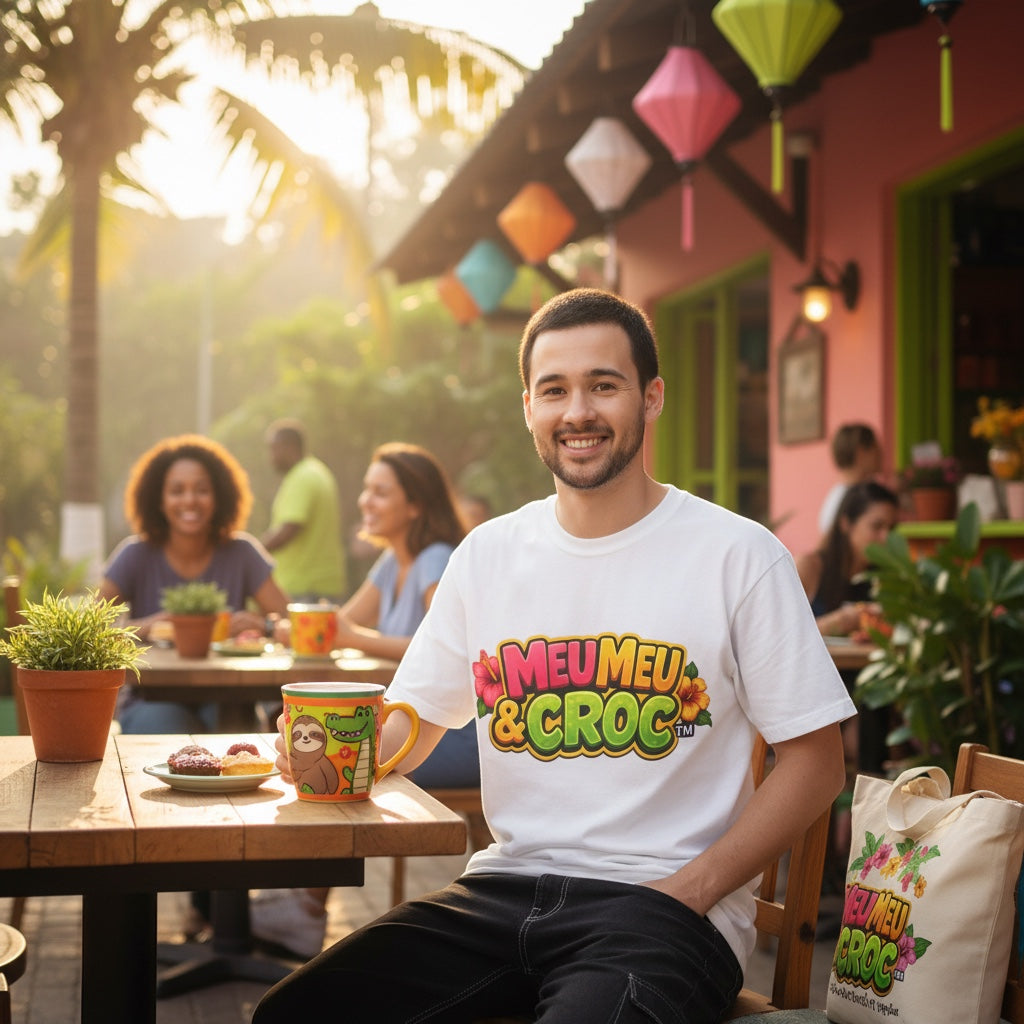 Man wearing a white Meu Meu & Croc Tropical Store graphic t-shirt with floral accents at an outdoor cafe.