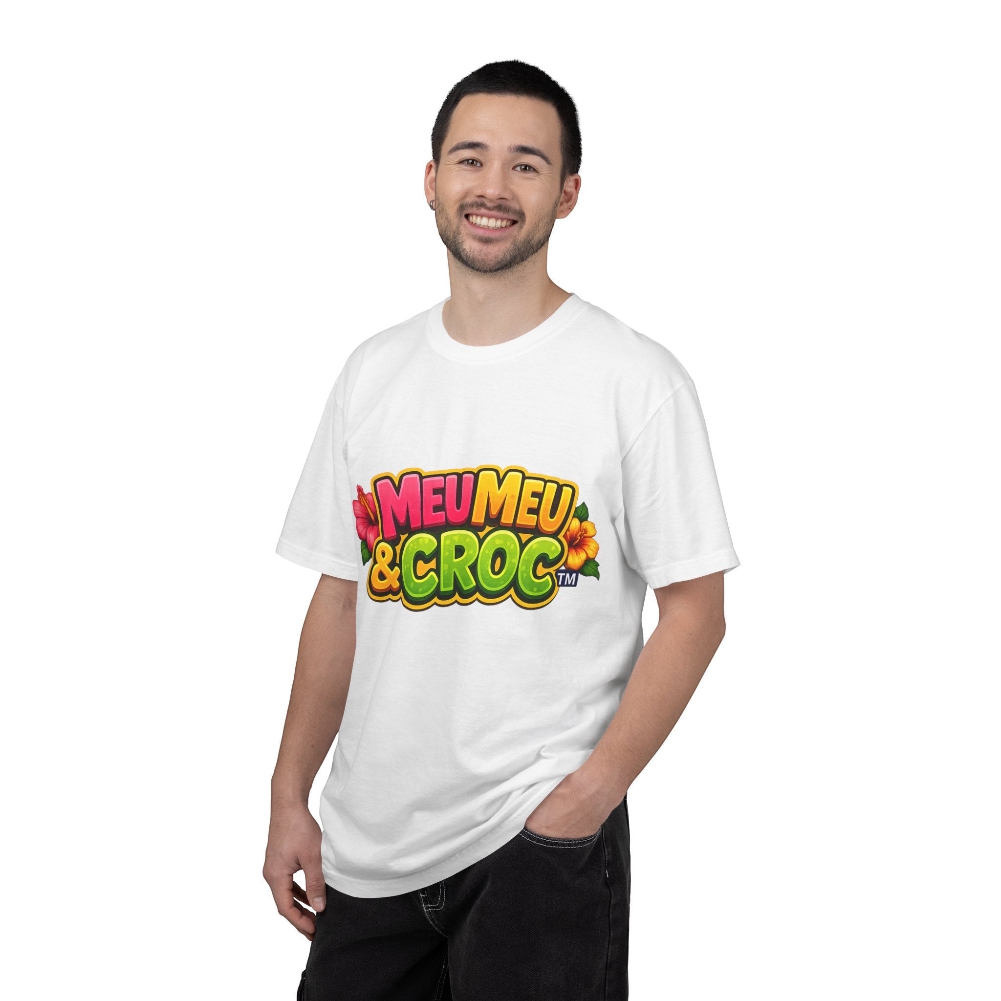 Smiling man wearing a white Meu Meu & Croc Tropical Store graphic t-shirt with colorful floral logo details.