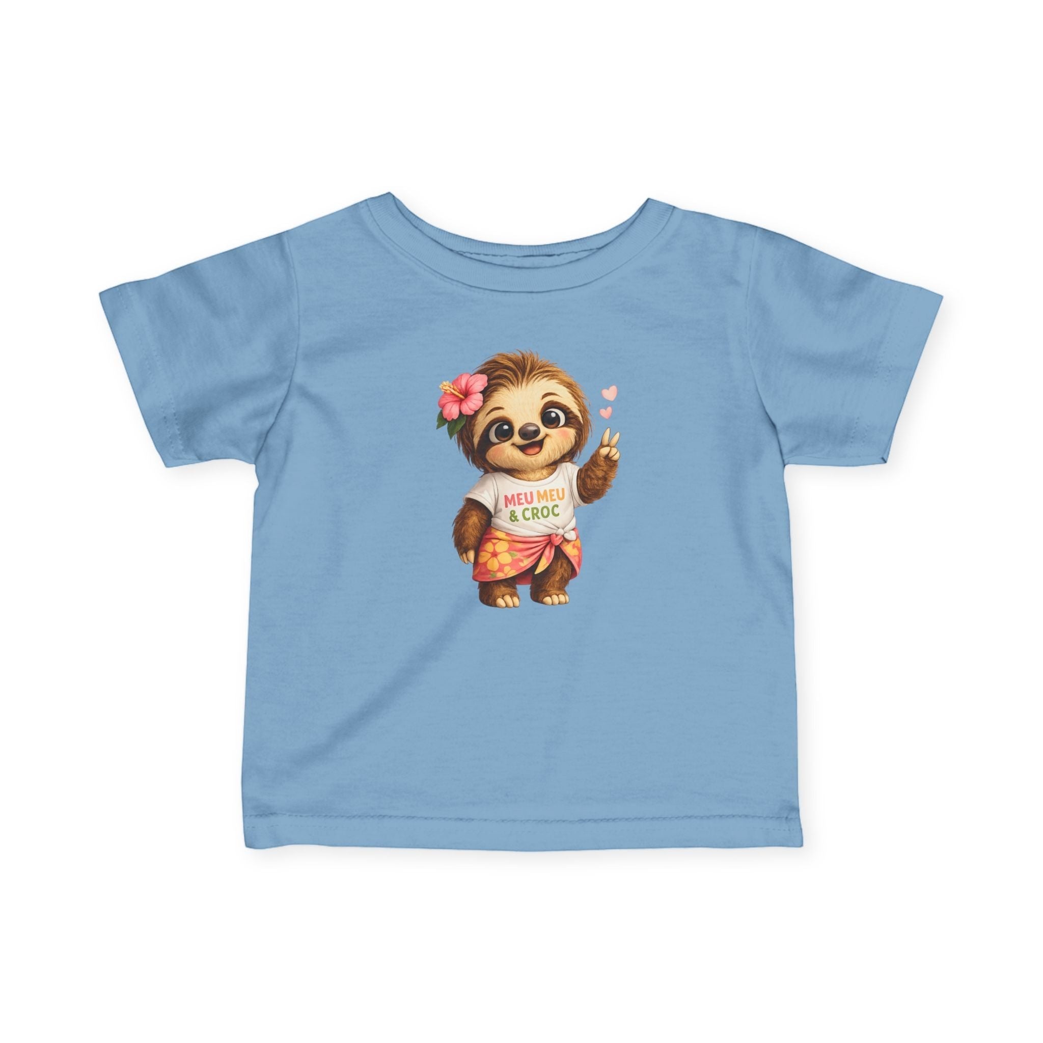 Meu Meu & Croc Tropical Store light blue infant tee with a cute Hawaiian sloth graphic wearing a hibiscus flower.