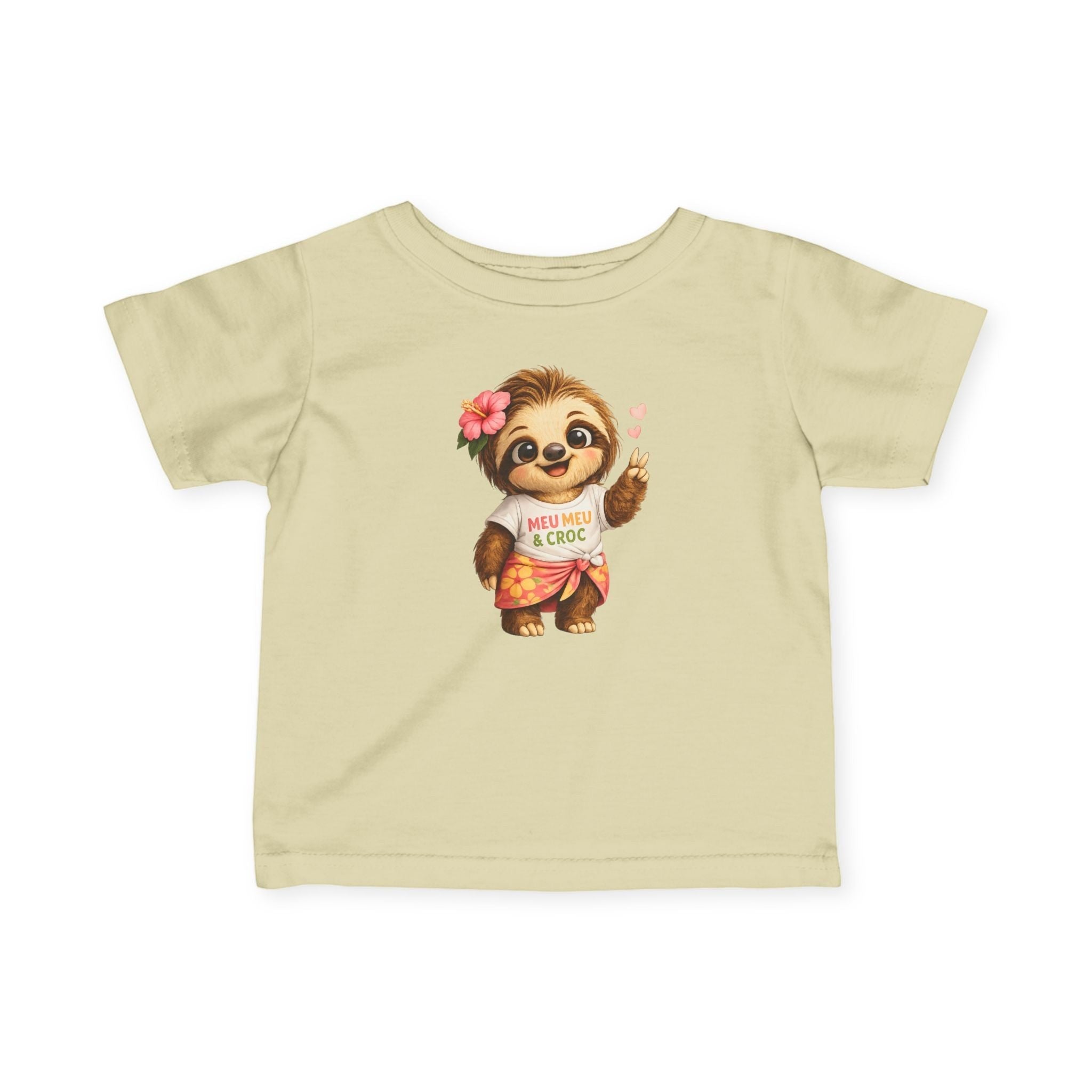 Meu Meu & Croc Tropical Store infant tee in soft yellow cotton with a cute Hawaiian sloth graphic print.