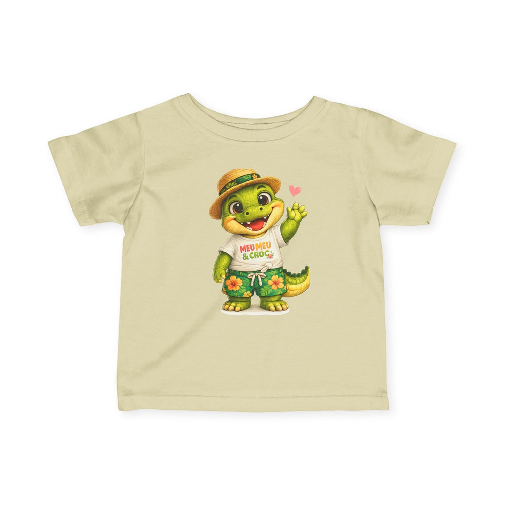 Meu Meu & Croc Tropical Store infant tee in soft beige cotton with a cute alligator mascot wearing a Hawaiian outfit.