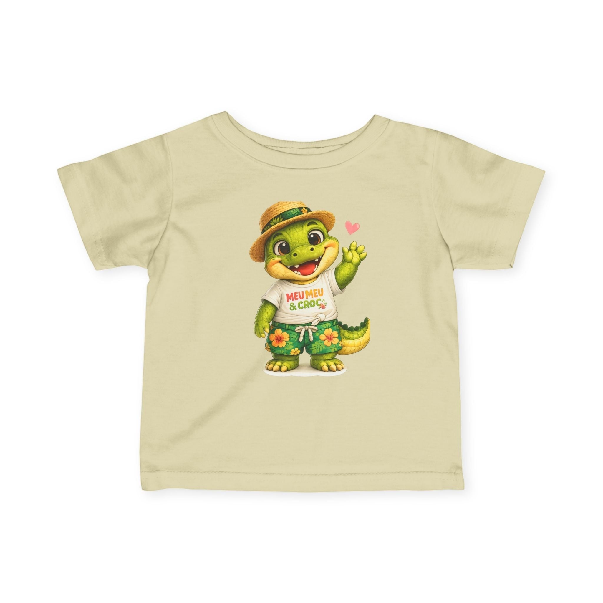 Meu Meu & Croc Tropical Store infant tee in soft beige cotton with a cute alligator mascot wearing a Hawaiian outfit.