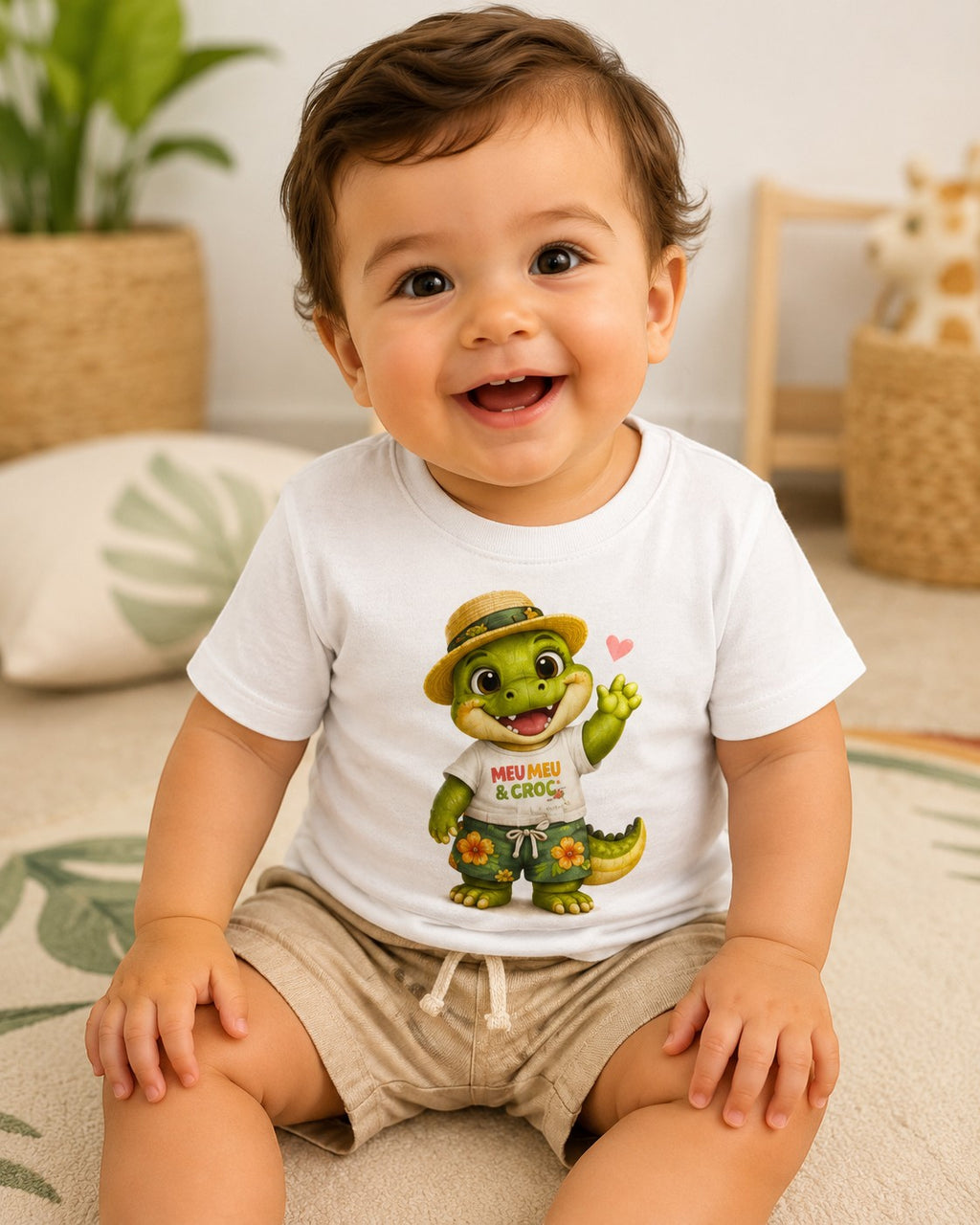 Happy baby wearing a white Meu Meu & Croc Tropical Store cotton tee with a cute alligator in a Hawaiian shirt graphic.