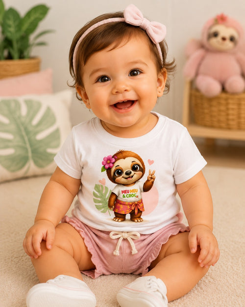Baby wearing a white Meu Meu & Croc Tropical Store cotton tee with a cute Hawaiian sloth graphic and pink shorts.