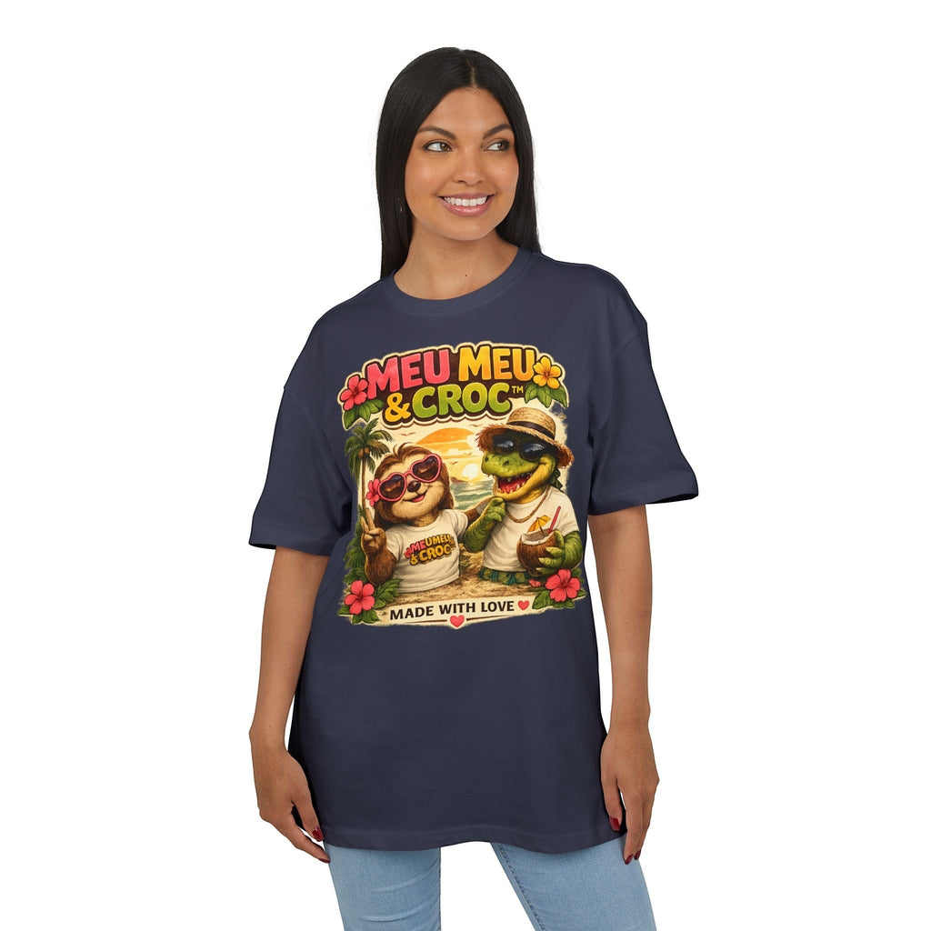 Model wearing a navy Meu Meu & Croc Tropical Store oversized cotton graphic tee with a sloth and crocodile print.