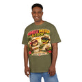 Model wearing Meu Meu & Croc Tropical Store olive green oversized cotton graphic tee with sloth and crocodile print.