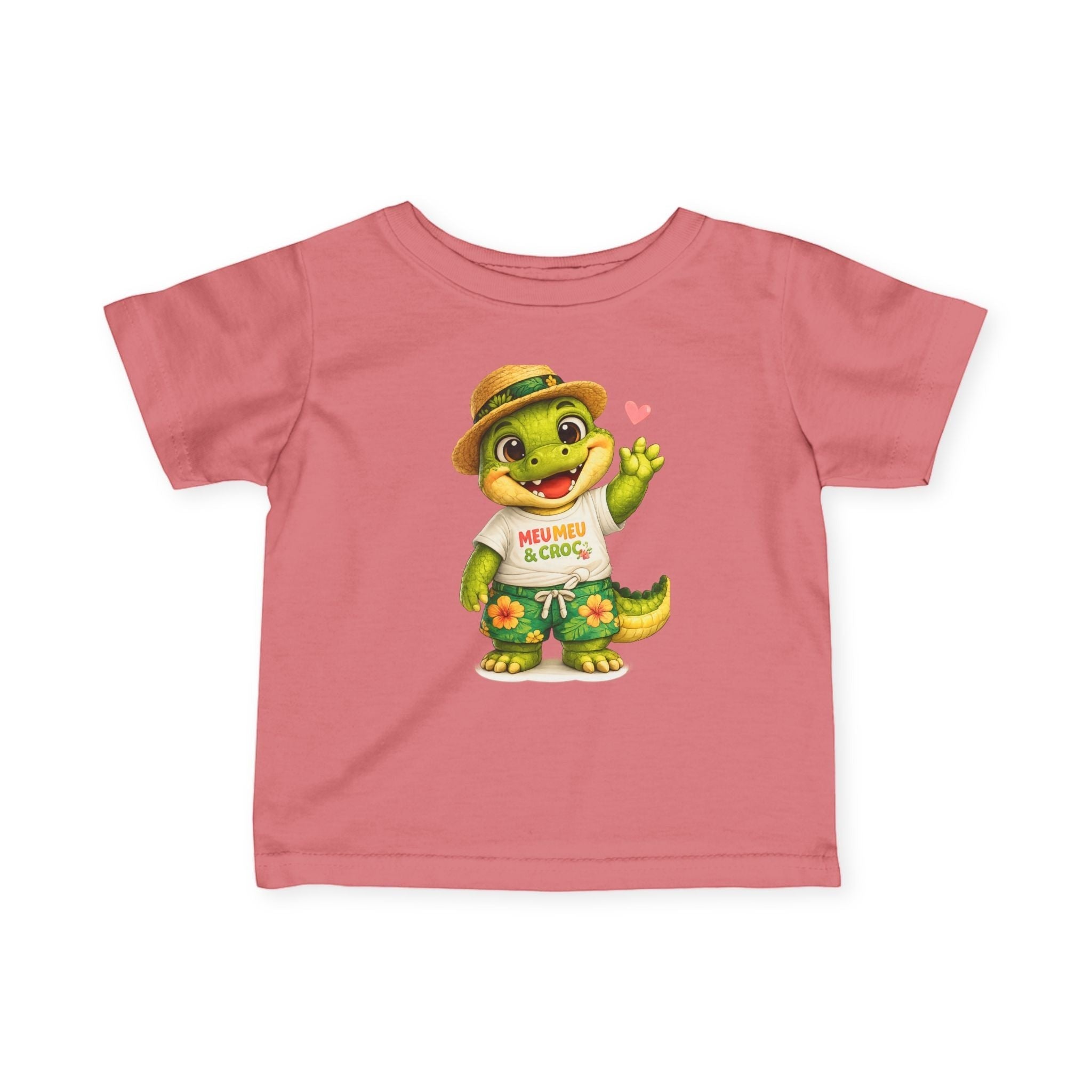 Meu Meu & Croc Tropical Store pink infant tee featuring a cute alligator in a Hawaiian shirt and straw hat.