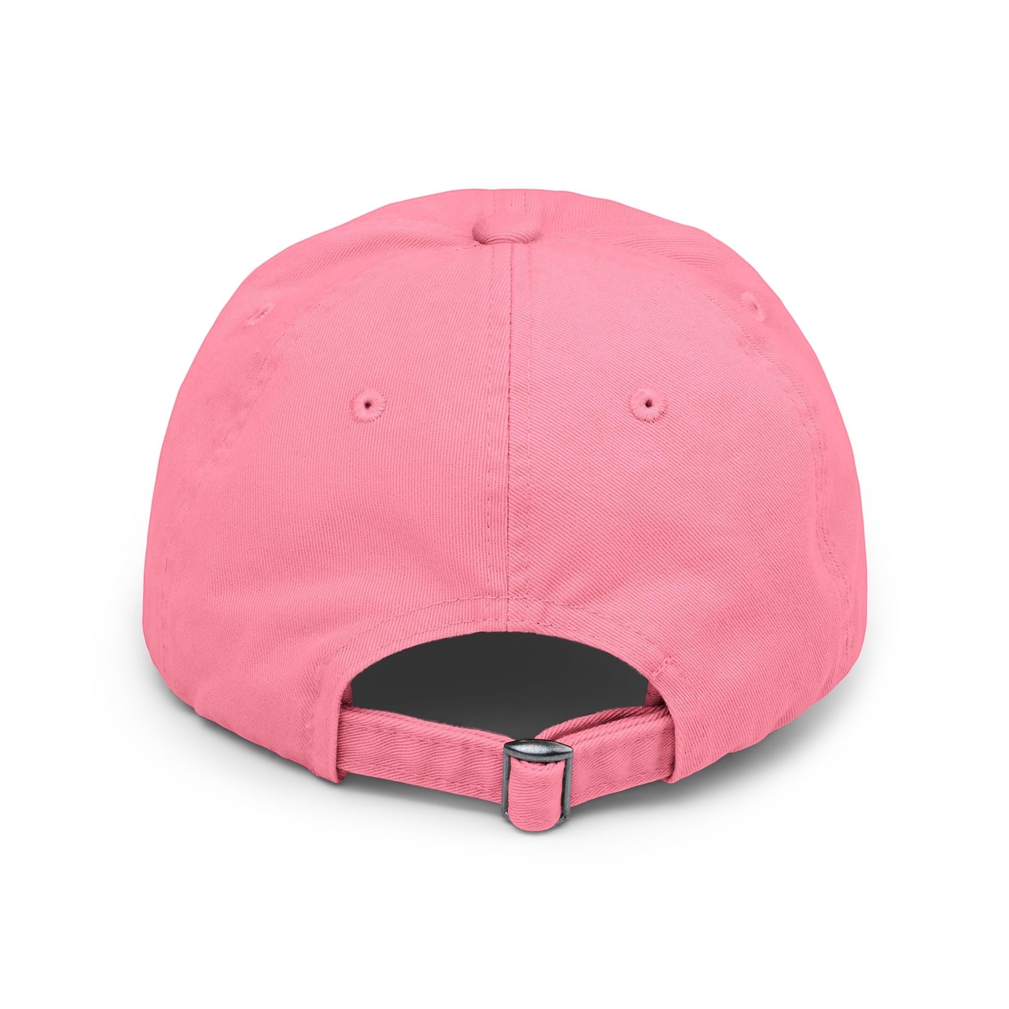 Meu Meu & Croc Tropical Store pink distressed baseball cap with adjustable metal buckle strap at the back.