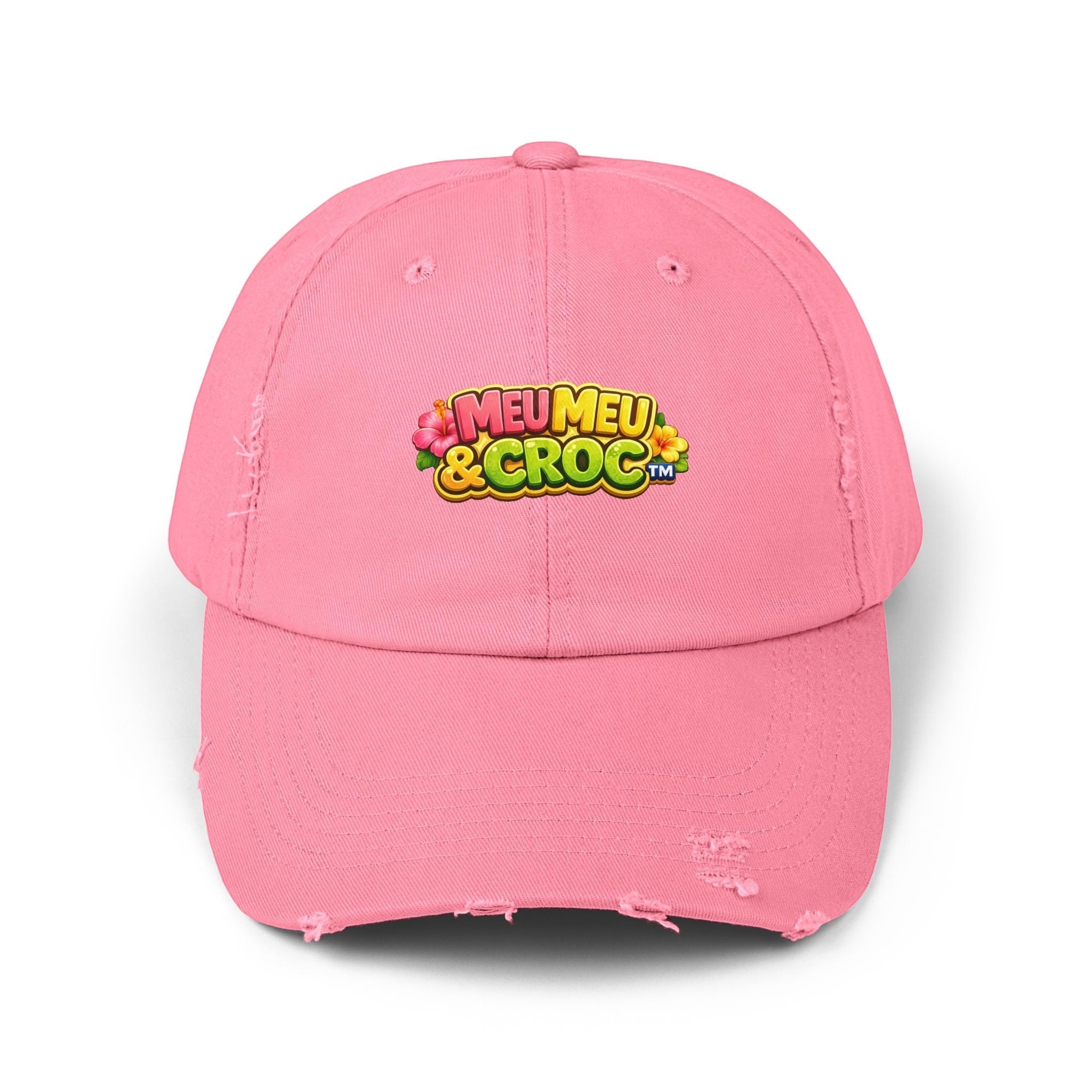 Meu Meu & Croc Tropical Store pink distressed baseball cap with vintage-inspired worn edges and colorful logo.