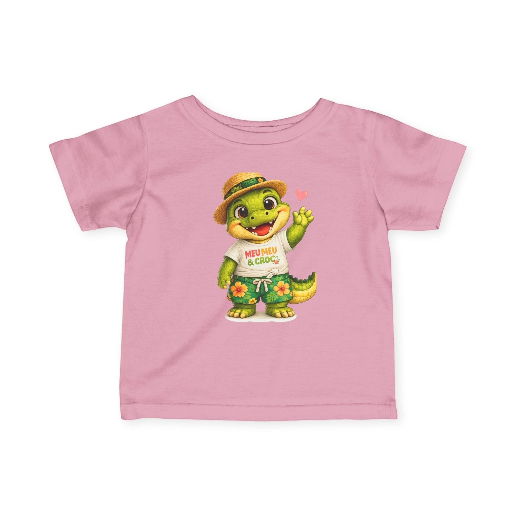 Meu Meu & Croc Tropical Store pink infant cotton tee featuring a cute alligator in a Hawaiian shirt and straw hat.