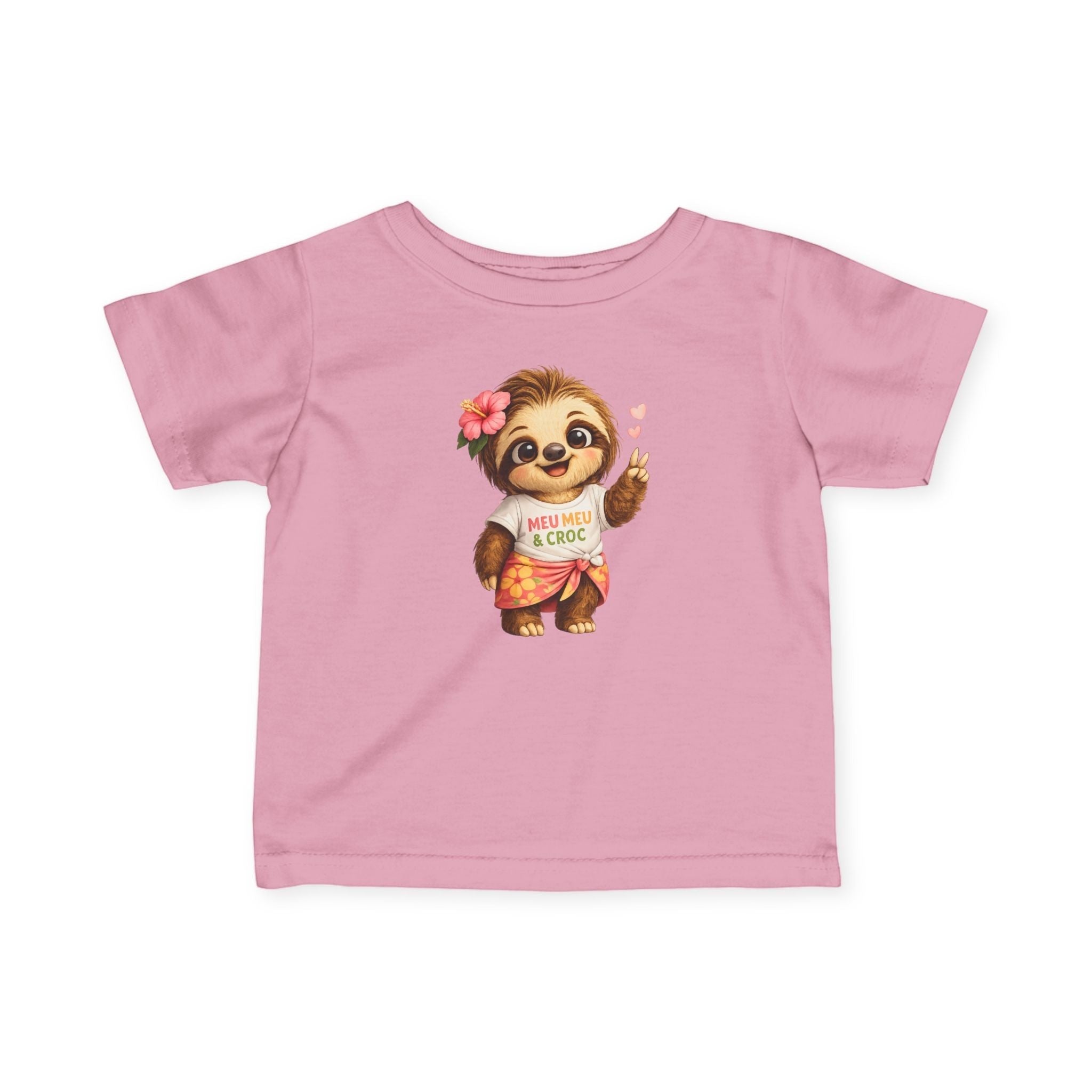 Meu Meu & Croc Tropical Store pink infant tee with a cute Hawaiian sloth graphic wearing a hibiscus flower.