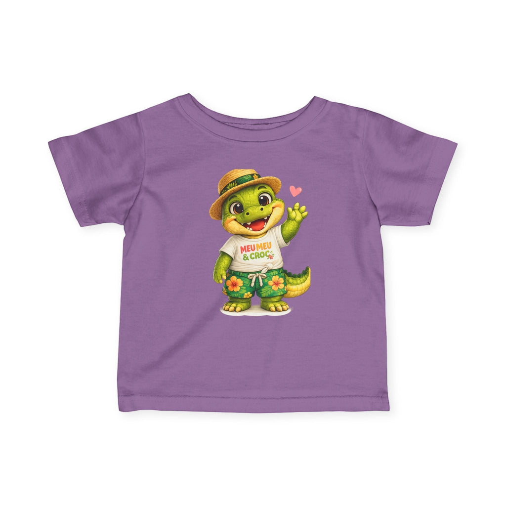 Meu Meu & Croc Tropical Store purple infant tee with a cute alligator wearing a Hawaiian shirt and straw hat.