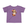 Meu Meu & Croc Tropical Store purple infant tee with a cute sloth graphic wearing a hibiscus flower and sarong.