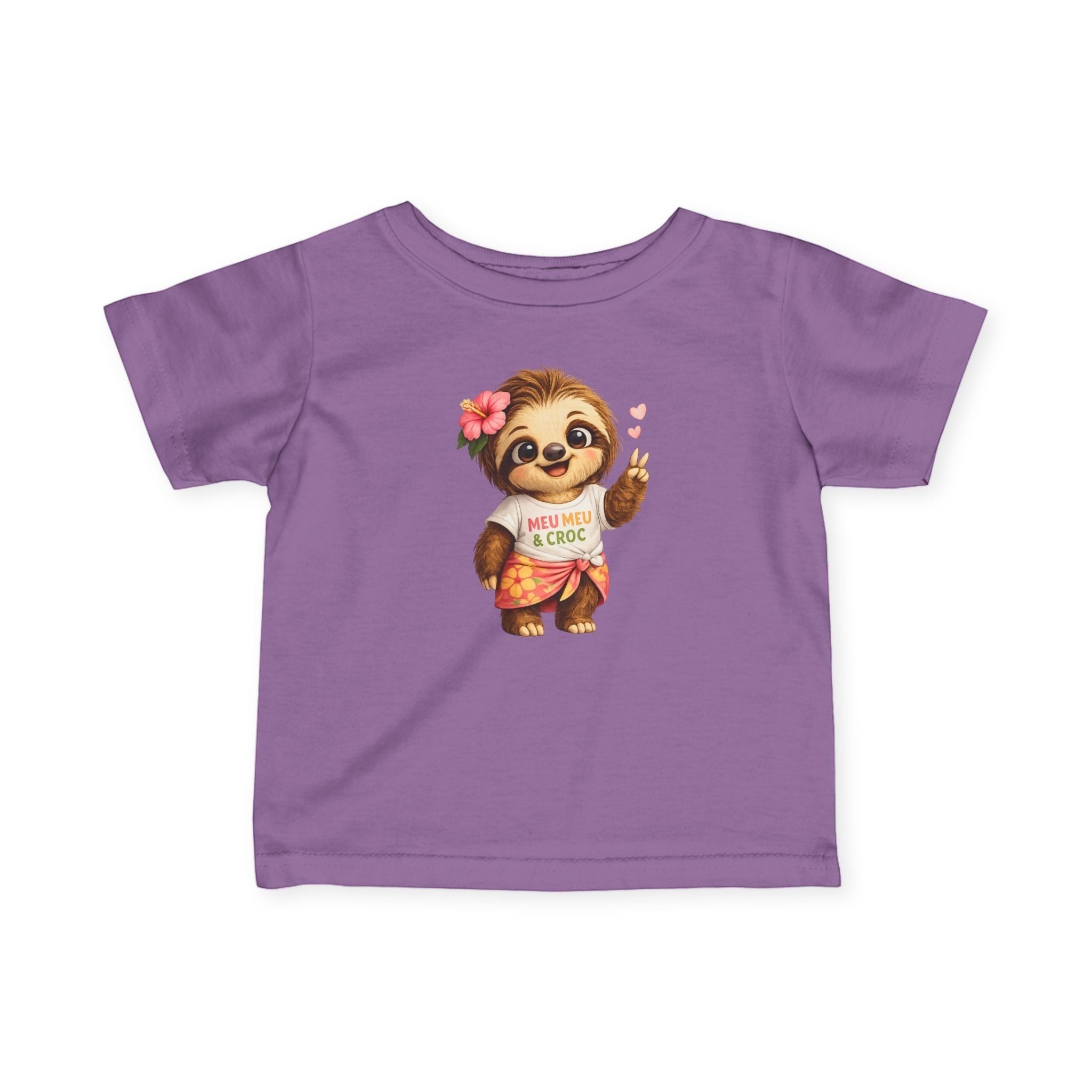 Meu Meu & Croc Tropical Store purple infant tee with a cute sloth graphic wearing a hibiscus flower and sarong.