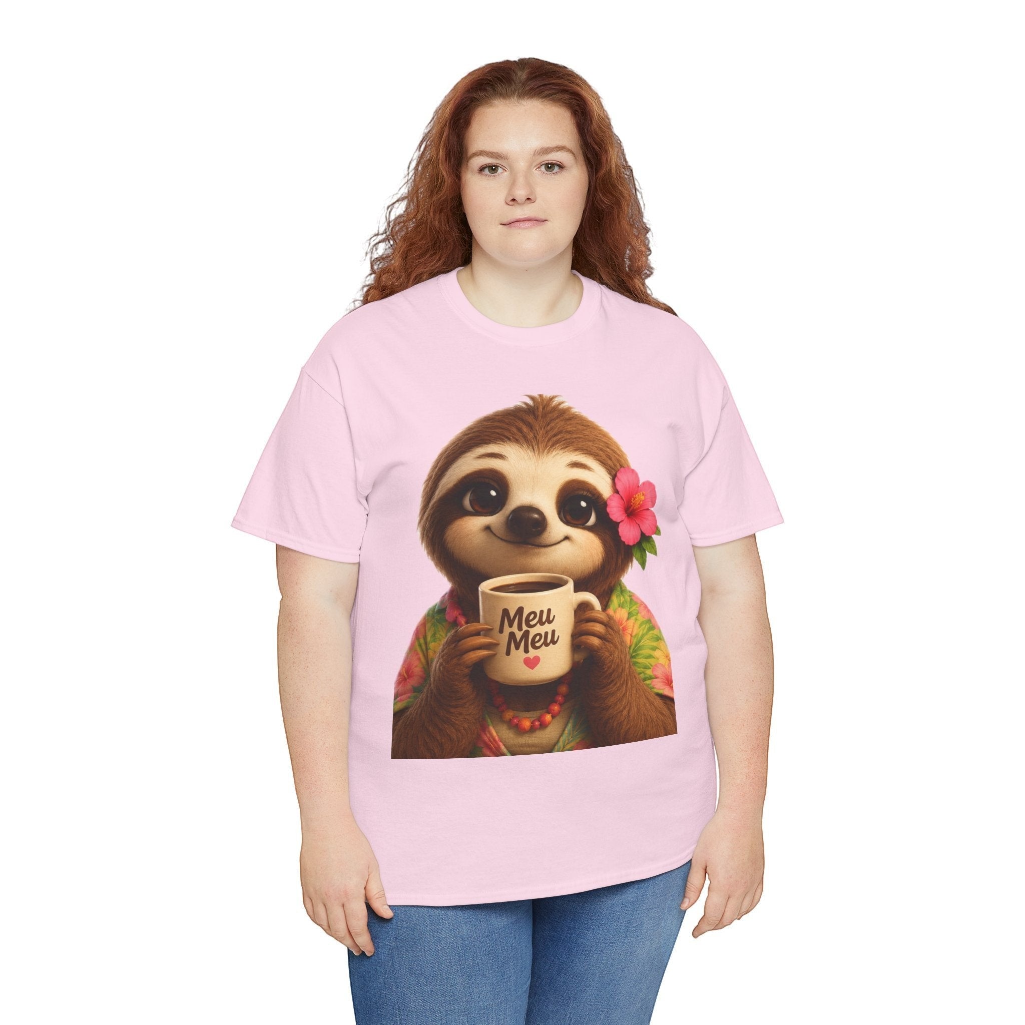 Model wearing a light pink Meu Meu & Croc Tropical Store cotton t-shirt with a cute sloth holding a coffee mug graphic