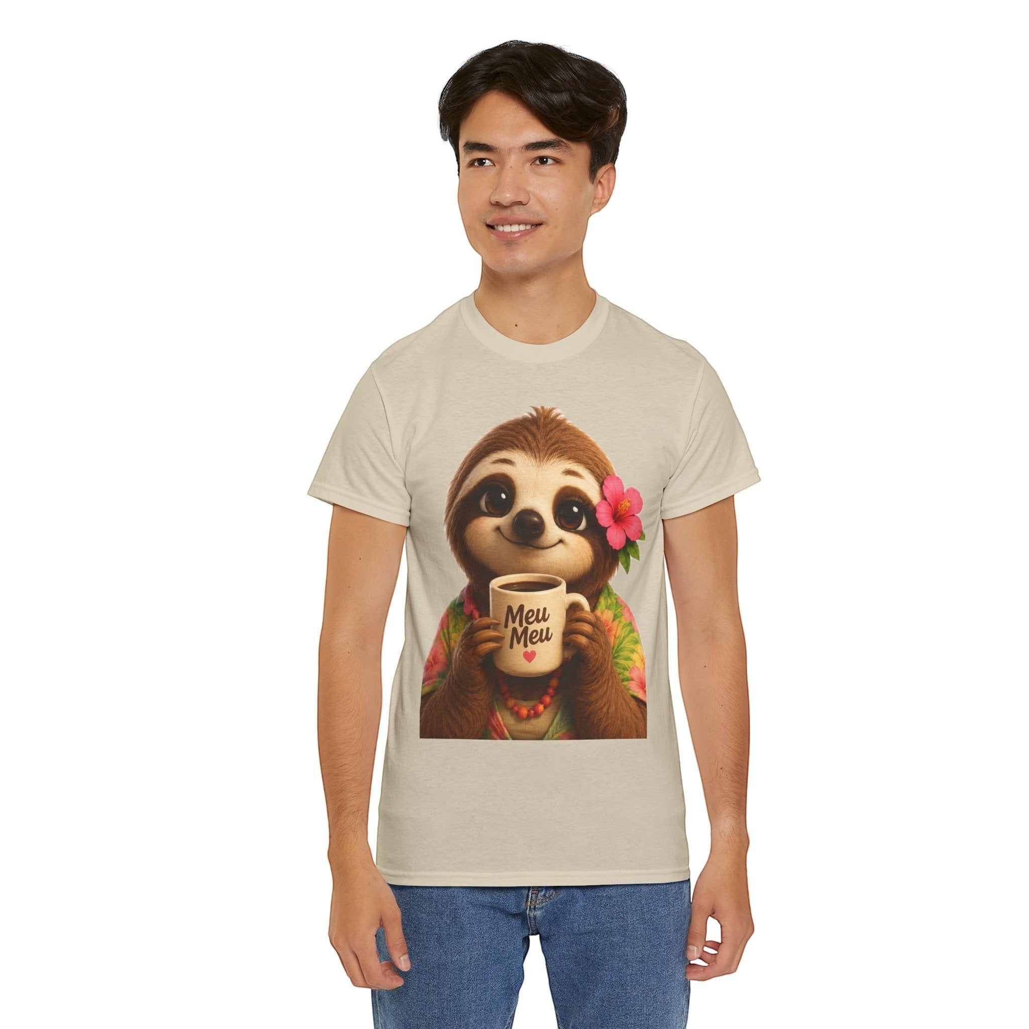 Man wearing a Meu Meu & Croc Tropical Store beige cotton t-shirt with a cute sloth holding a coffee mug graphic.