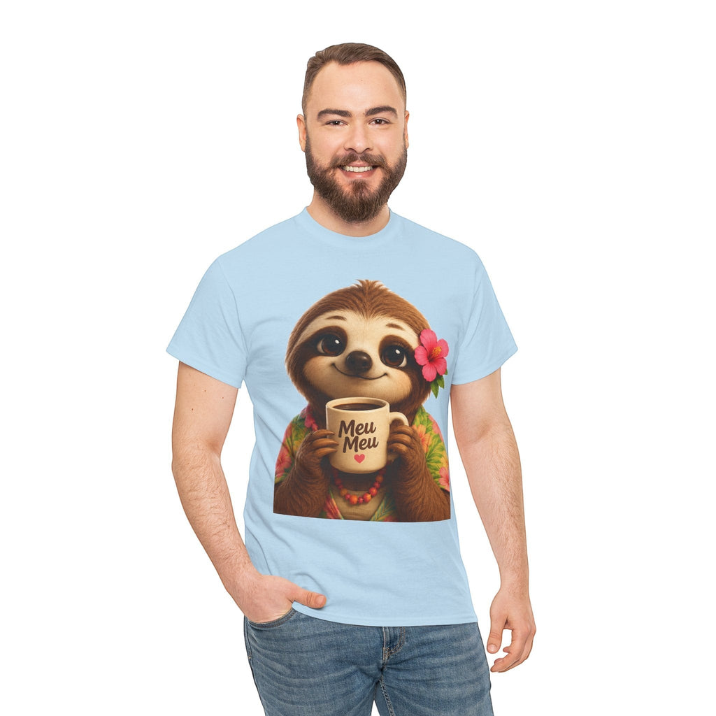 Man wearing a light blue Meu Meu & Croc Tropical Store cotton t-shirt with a cute sloth holding a coffee mug graphic.