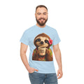 Man wearing a light blue Meu Meu & Croc Tropical Store cotton t-shirt with a cute sloth holding a coffee mug graphic.