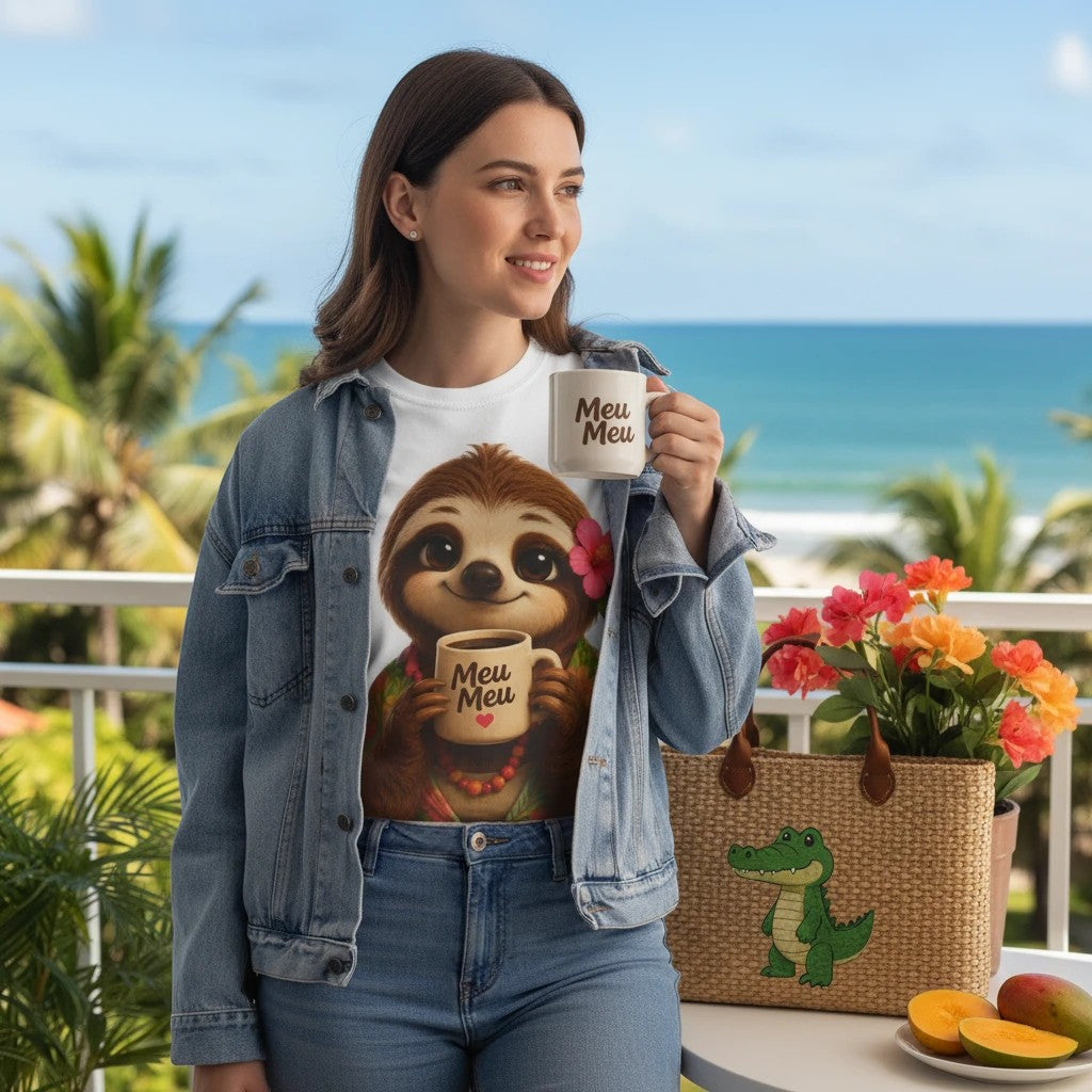 Woman wearing Meu Meu & Croc Tropical Store white cotton tee with cute sloth graphic on a sunny tropical balcony.