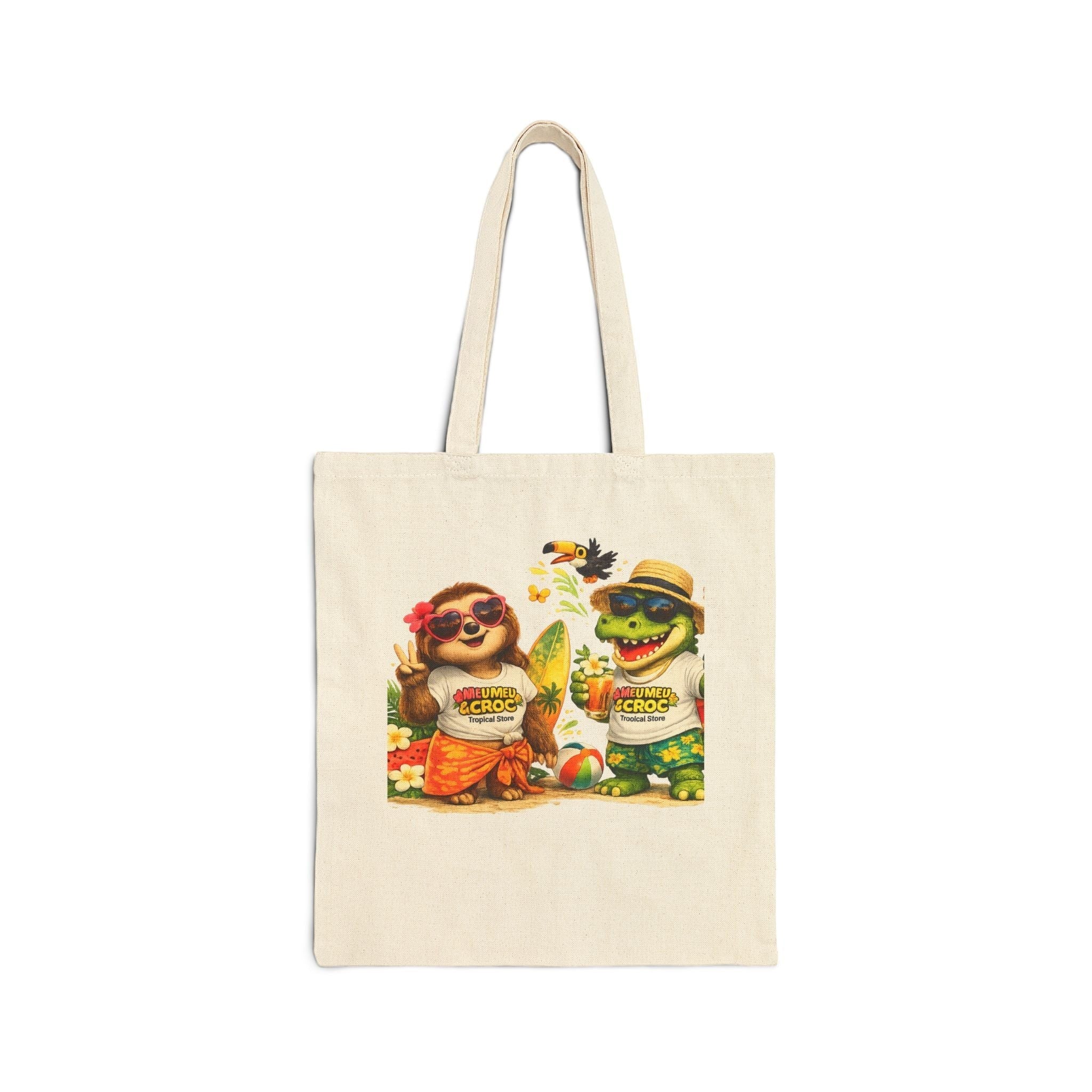 Meu Meu & Croc Tropical Store natural cotton canvas tote bag featuring a cute sloth and crocodile beach graphic.