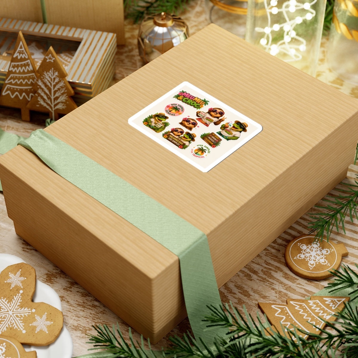 Meu Meu & Croc Tropical Store kiss-cut sticker sheet featuring sloth and crocodile characters on a gift box.