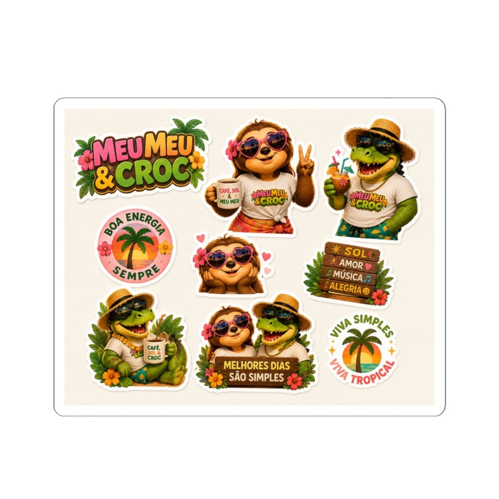 Meu Meu & Croc Tropical Store kiss-cut sticker sheet featuring sloth and crocodile characters with beach vacation vibes.