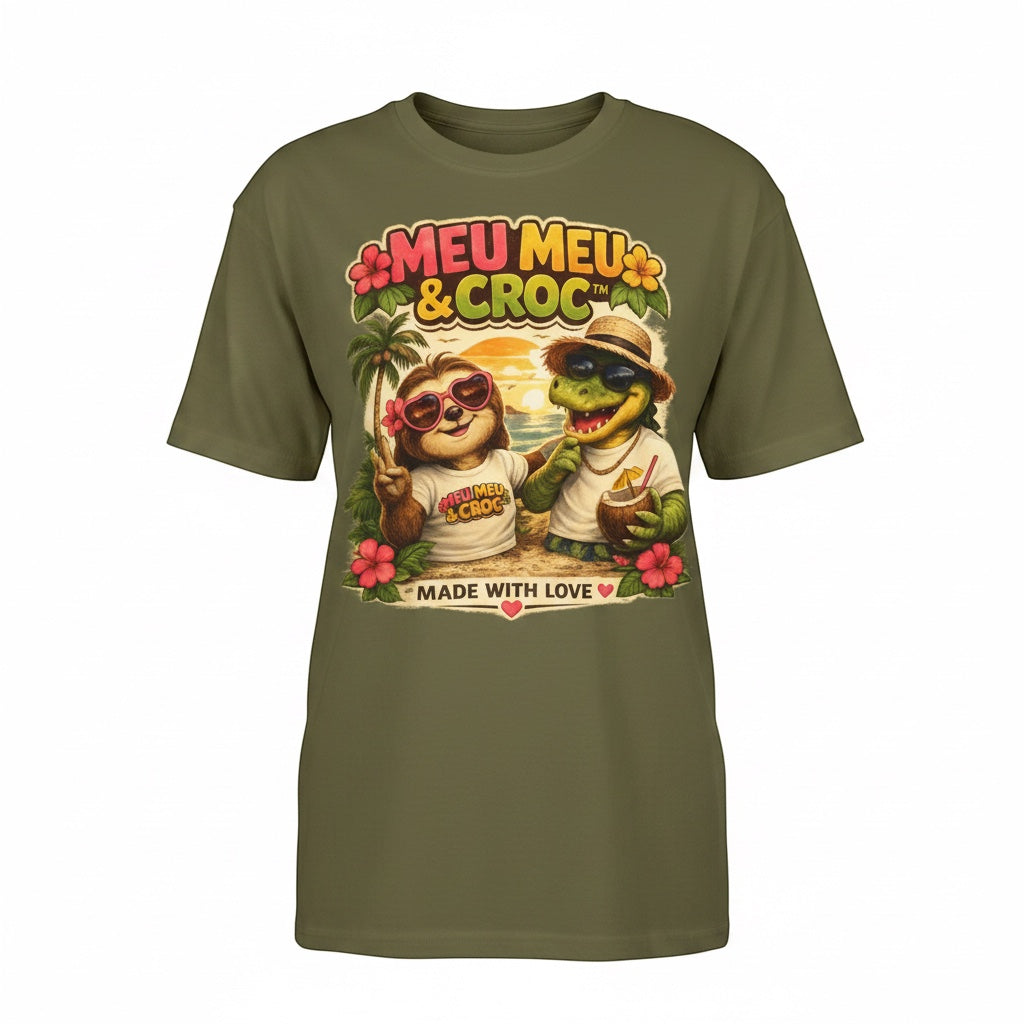 Olive green Meu Meu & Croc Tropical Store graphic tee featuring a sloth and crocodile in a vintage beach print.