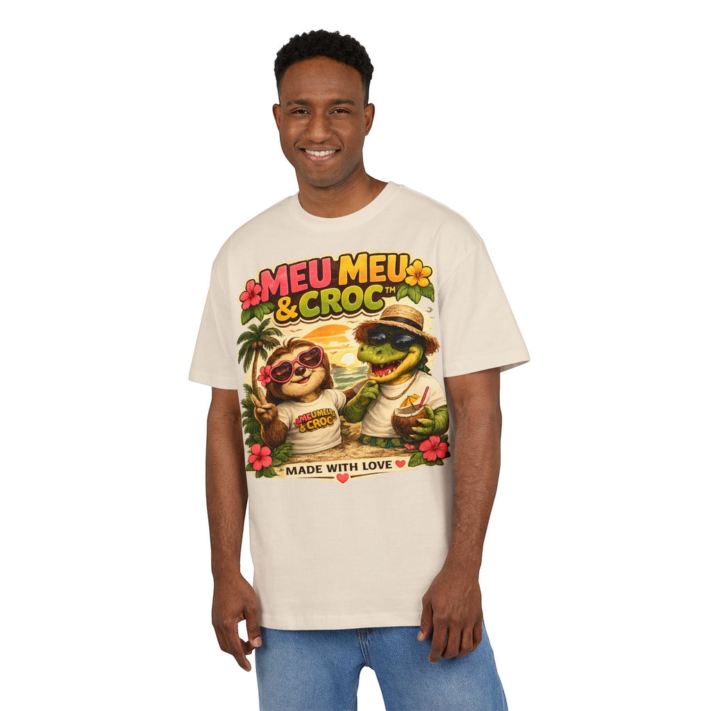 Man wearing a cream Meu Meu & Croc Tropical Store oversized cotton graphic tee with a sloth and crocodile print.