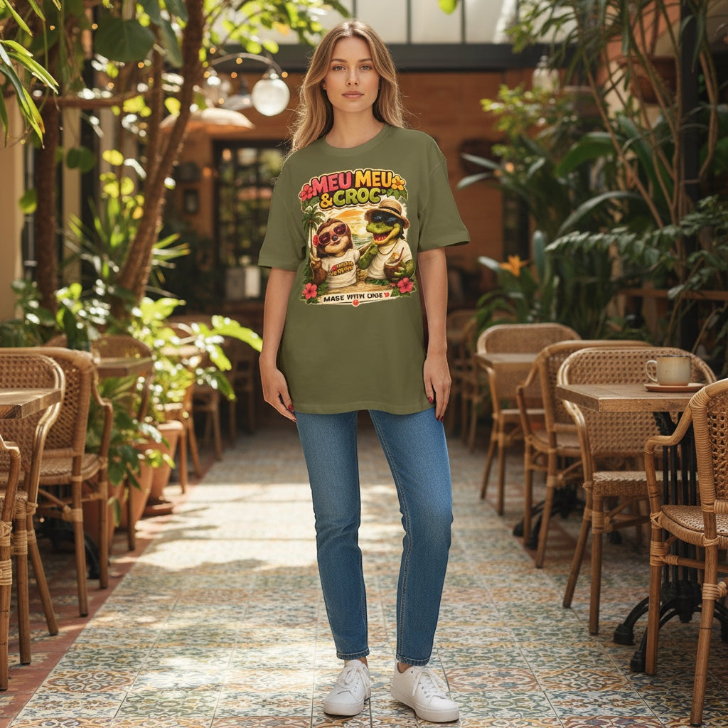 Model wearing an olive green Meu Meu & Croc Tropical Store oversized cotton graphic tee with a sloth and crocodile.