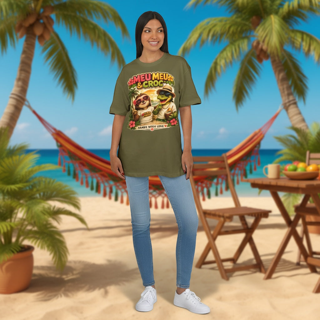 Model wearing a Meu Meu & Croc Tropical Store oversized olive green graphic tee with a sloth and crocodile print.